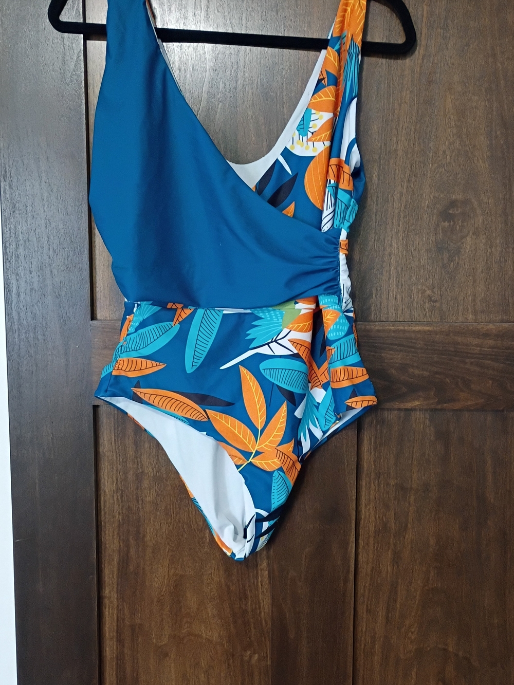 Source Unknown Teal Blue One-Piece Swimsuit with Orange Leaf Print